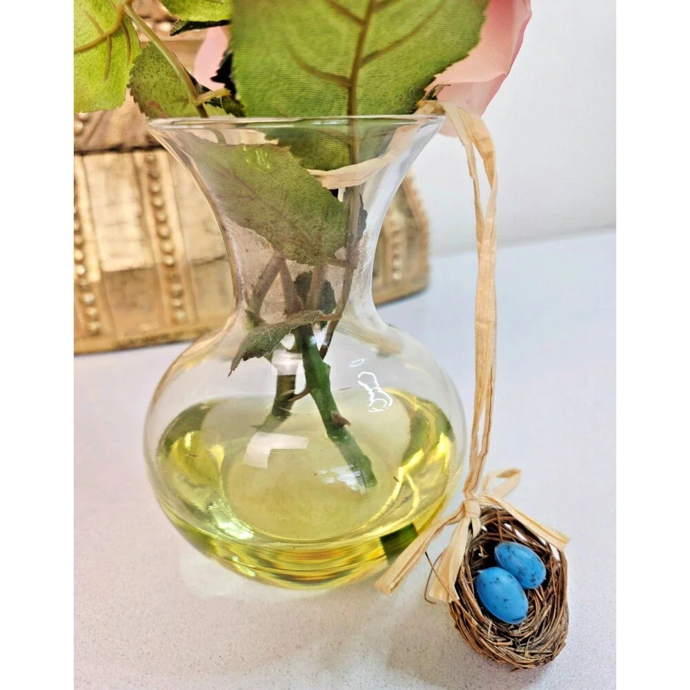 Vintage Faux Pink Cabbage Rose Silk Flower in Glass Vase with Bluebird Nest
